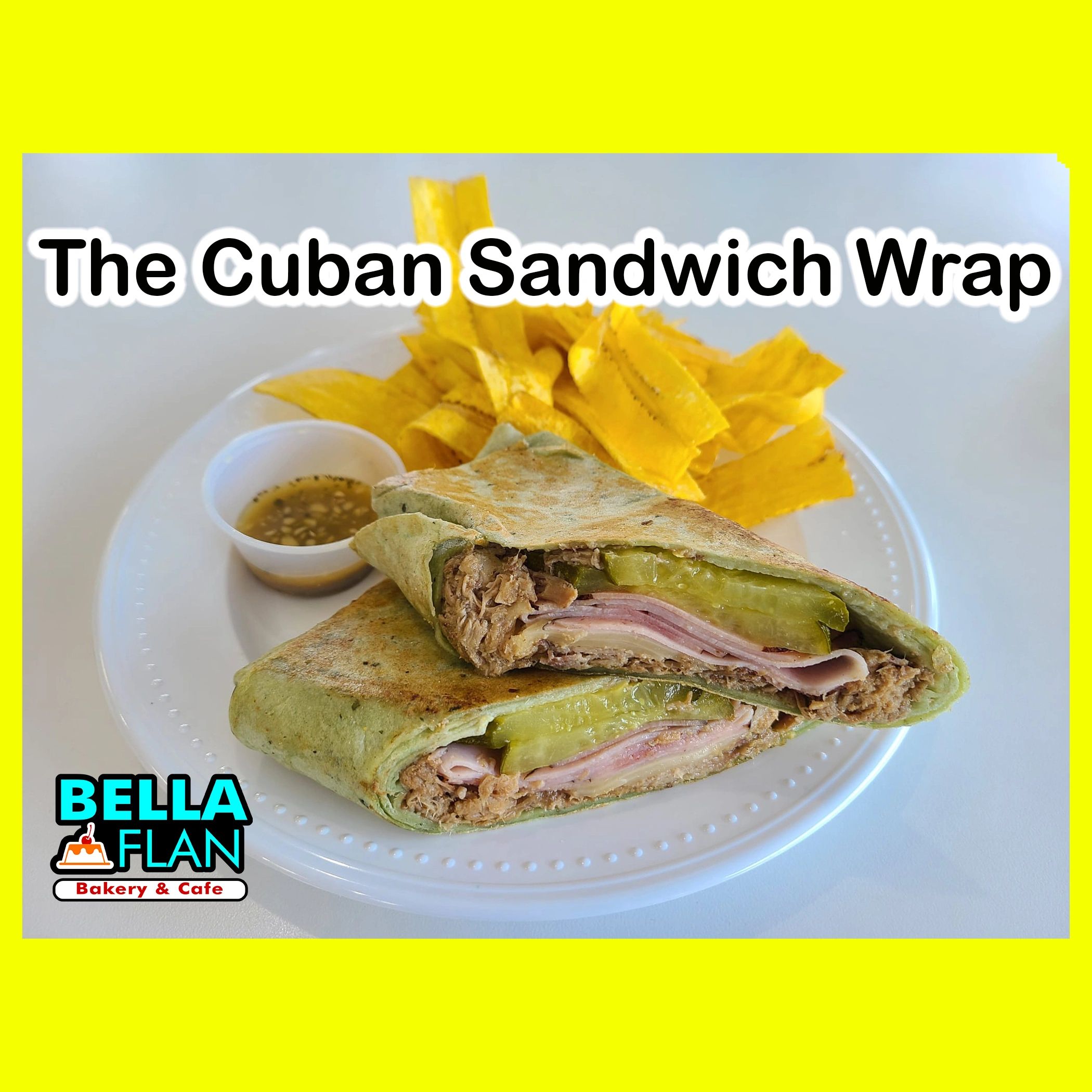 Bella Flan Burgers, Cuban Sandwich, Empanadas, Flan